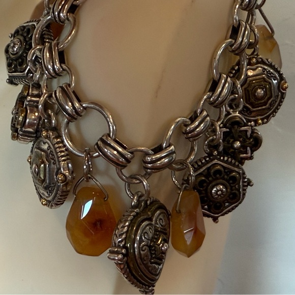 VTG Hearts And Medallions  Chunky Charm Bracelet Two Tone Unsigned